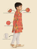 Red Cotton Blend KurtaSet with Long Sleeve Kurta & Pant style Pyjama For Boys