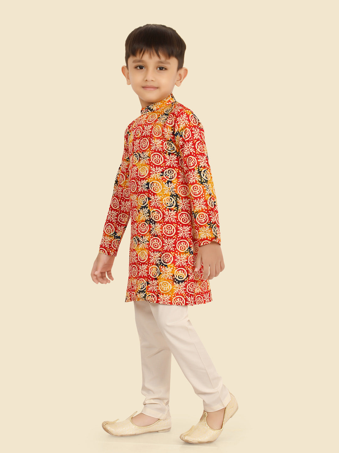 Red Cotton Blend KurtaSet with Long Sleeve Kurta & Pant style Pyjama For Boys