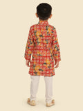 Red Cotton Blend KurtaSet with Long Sleeve Kurta & Pant style Pyjama For Boys