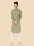 Elegant Green Jacquard Kurta Set for Men – Traditional Festive Wear with Pyjama