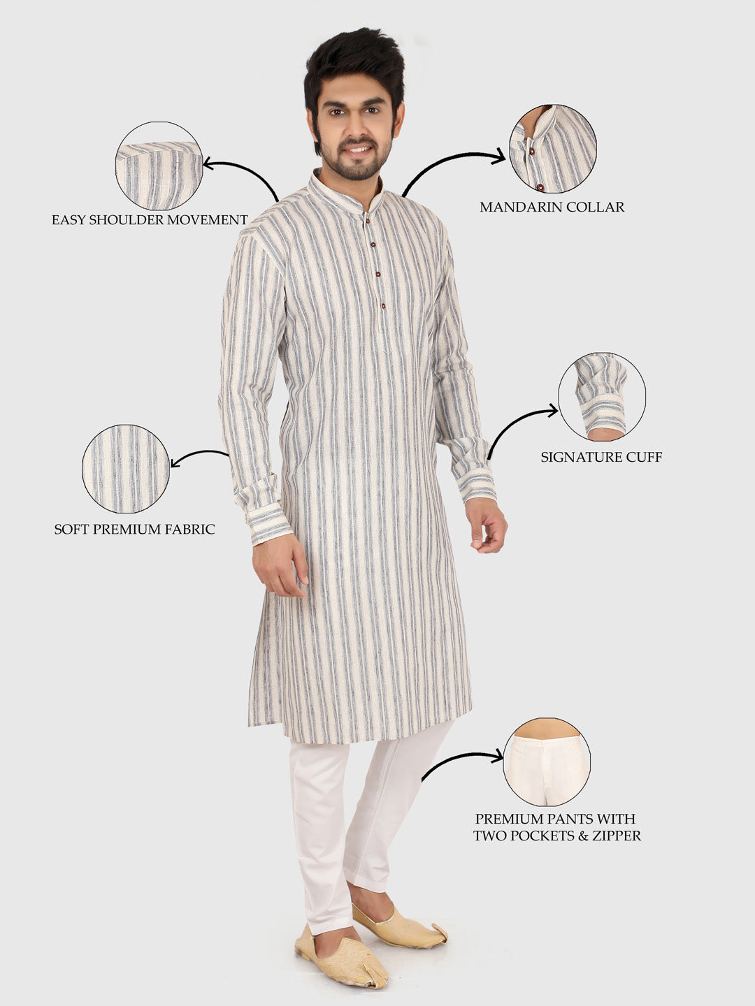 Man wearing a gray striped kurta with highlighted features 