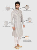 Man wearing a gray striped kurta with highlighted features 