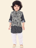 Navy Blue Boys Kurta Set with Pyjamas & Printed Jacket