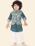 Green Boys Kurta Set with Pyjamas & Printed Jacket