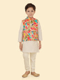 Cream Boys Kurta Set with Pyjama & Motifs Jackets