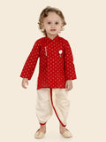 Red Boys Woven Designed Kurta Set with Dhoti