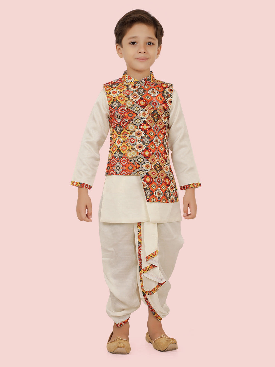Multi Motif Printed  Jacket Set with Long Sleeve Kurta & Dhoti Style Bottom For Boys