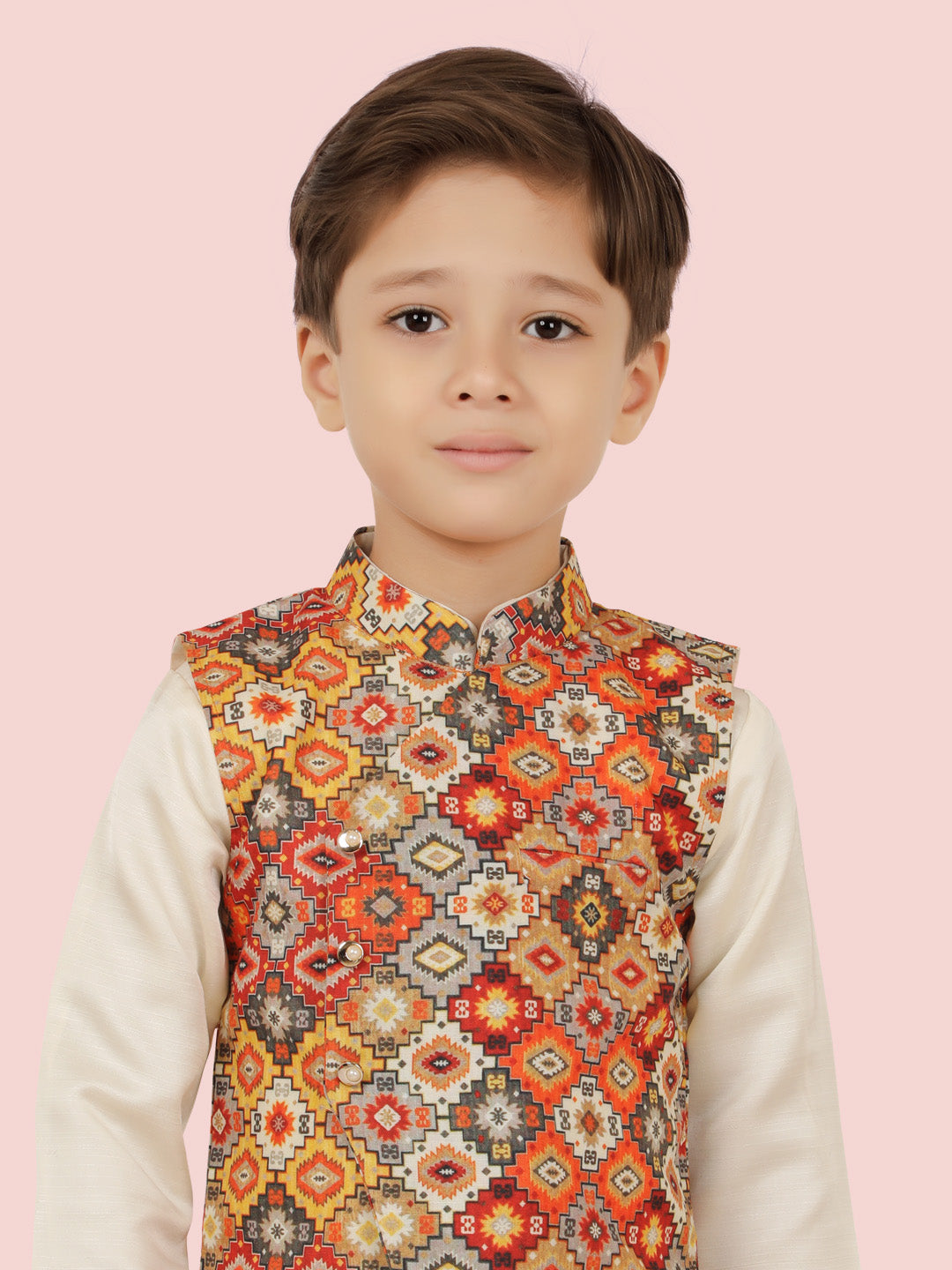 Multi Motif Printed  Jacket Set with Long Sleeve Kurta & Dhoti Style Bottom For Boys