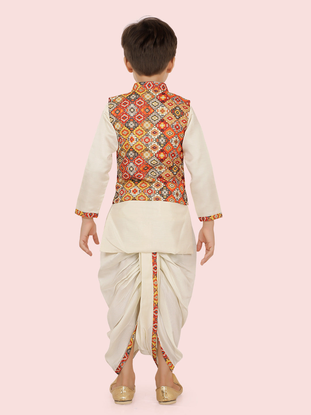 Multi Motif Printed  Jacket Set with Long Sleeve Kurta & Dhoti Style Bottom For Boys