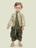 G.Green Printed Sequence Jacket Set with Long Sleeve Kurta & Dhoti Style Bottom For Boys