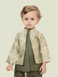 G.Green Printed Sequence Jacket Set with Long Sleeve Kurta & Dhoti Style Bottom For Boys