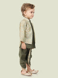 G.Green Printed Sequence Jacket Set with Long Sleeve Kurta & Dhoti Style Bottom For Boys