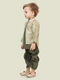 G.Green Printed Sequence Jacket Set with Long Sleeve Kurta & Dhoti Style Bottom For Boys