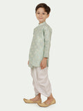 C Green Jacquard Kurta Set with Long Sleeve Kurta & Dhoti Style bottom for Boys