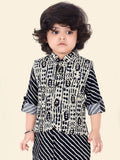 Navy Blue Boys Kurta Set with Pyjamas & Printed Jacket