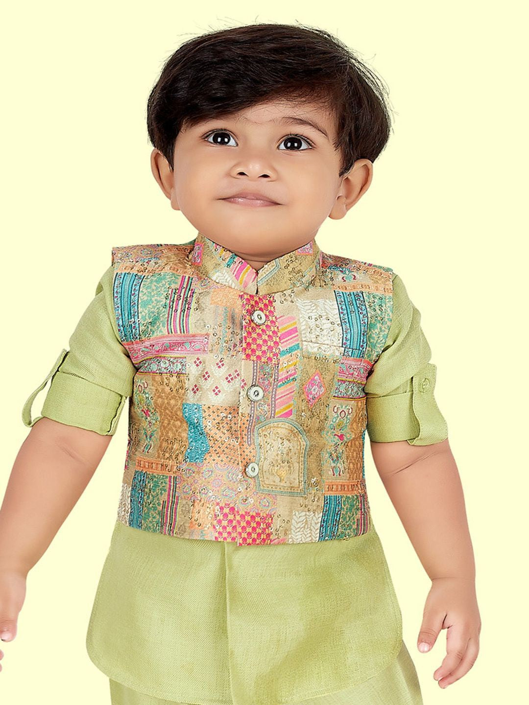 Green Boys Kurta Set with Pyjamas & Motifs Printed Jacket