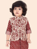 Maroon Boys Kurta Set with Pyjamas & Motifs Printed Jacket