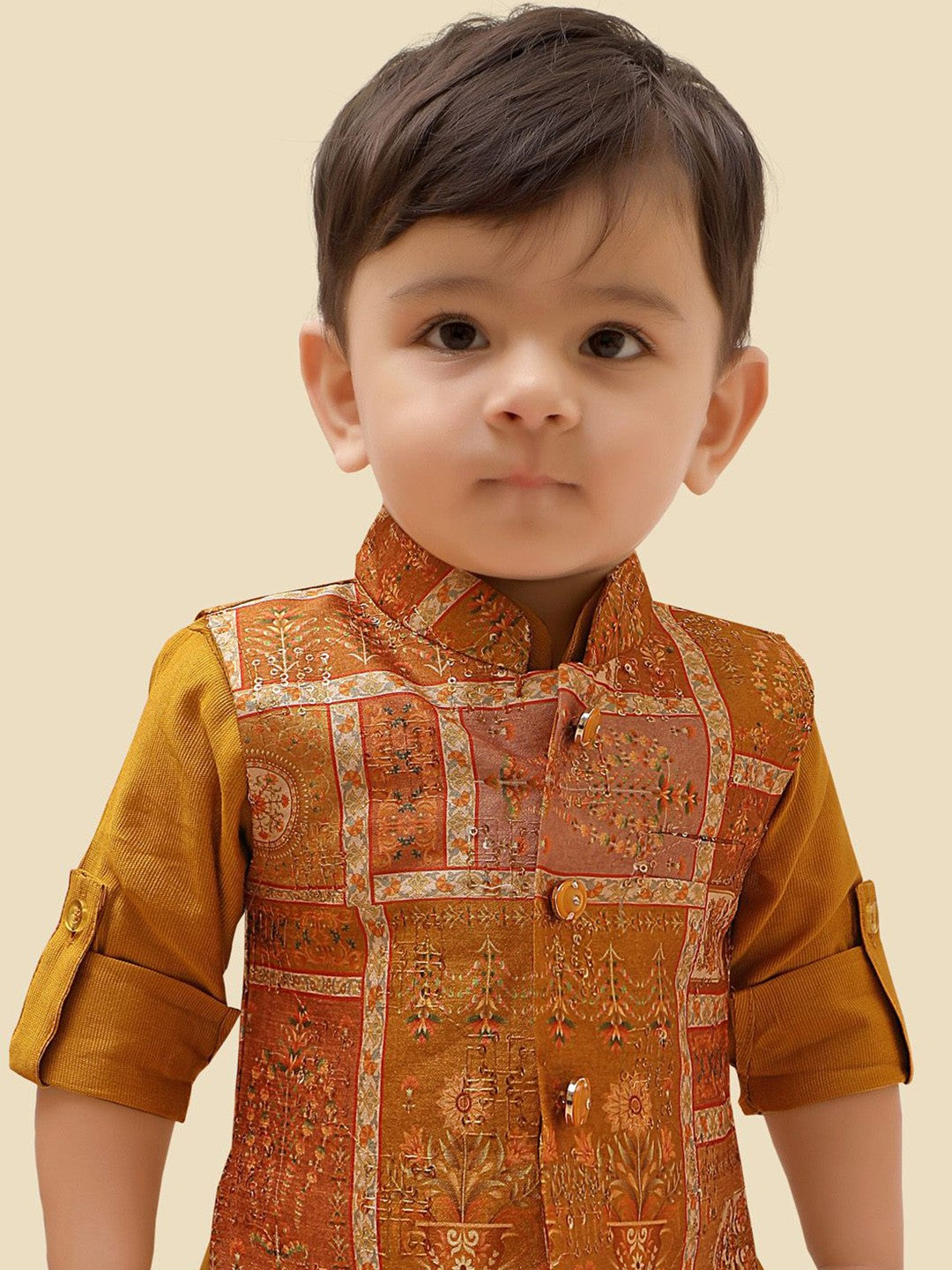 Mustard Boys Kurta Set with Pyjamas & Motifs Printed Jacket