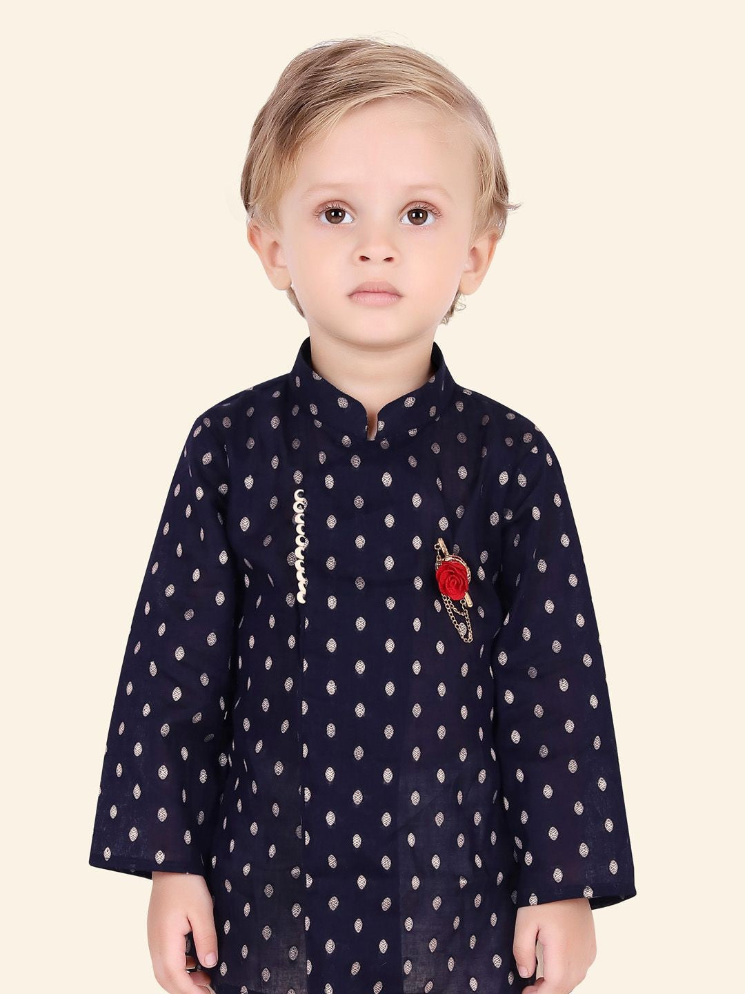 Navy Blue Boys Woven Design Kurta Set with Dhoti
