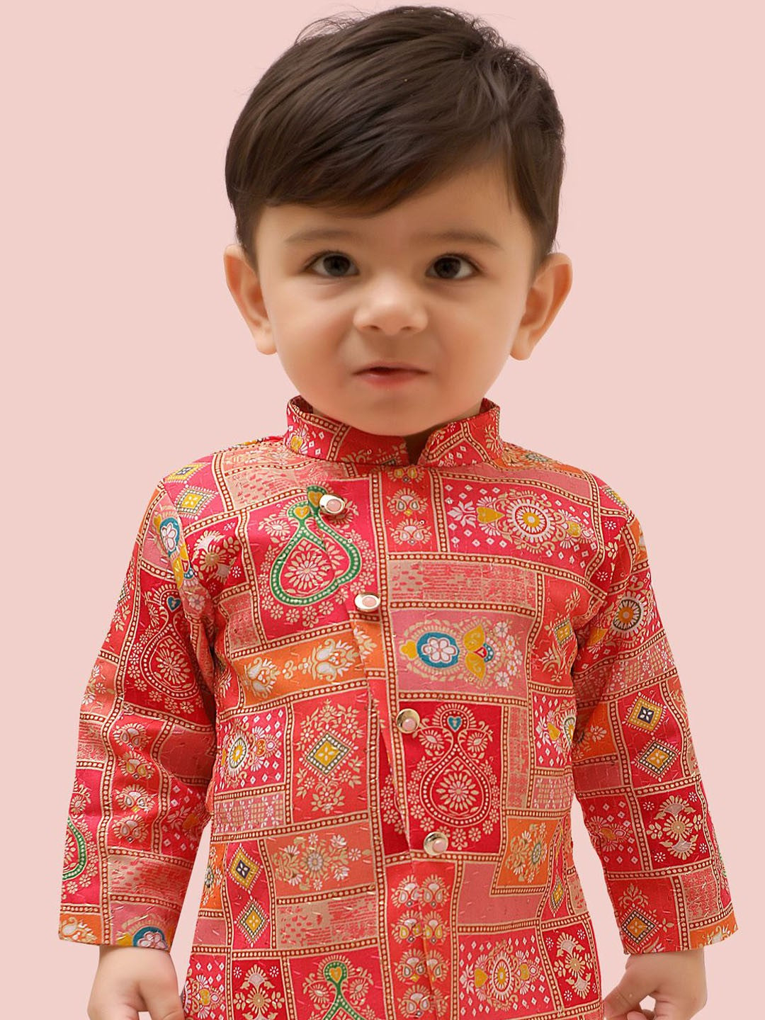 Pink Boys Kurta Set with Dhoti & Printed Kurta
