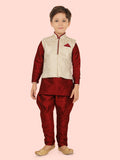 Fawn Jacquard Jacket Kurta Set with Long Sleeve Kurta & Pant style Pyjama For Boys