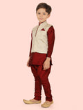 Fawn Jacquard Jacket Kurta Set with Long Sleeve Kurta & Pant style Pyjama For Boys