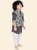 Navy Blue Boys Kurta Set with Pyjamas & Printed Jacket