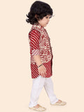 Maroon Boys Kurta Set with Pyjamas & Motifs Printed Jacket