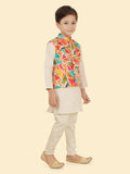 Cream Boys Kurta Set with Pyjama & Motifs Jackets