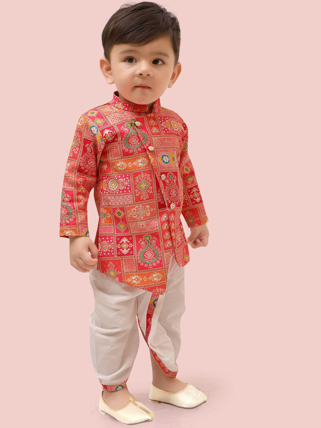 Pink Boys Kurta Set with Dhoti & Printed Kurta