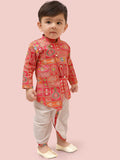 Pink Boys Kurta Set with Dhoti & Printed Kurta