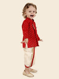 Red Boys Woven Designed Kurta Set with Dhoti