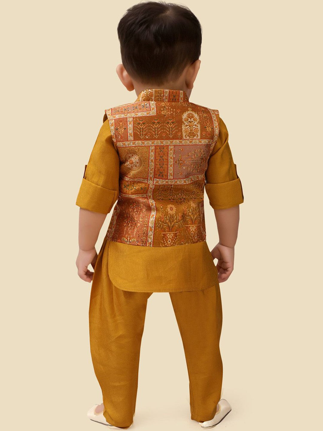 Mustard Boys Kurta Set with Pyjamas & Motifs Printed Jacket
