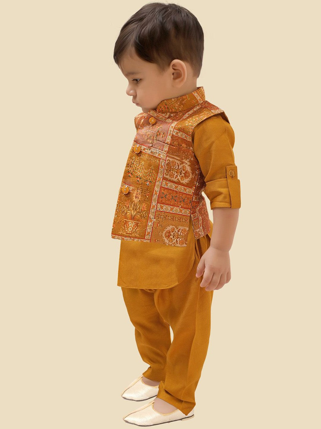 Mustard Boys Kurta Set with Pyjamas & Motifs Printed Jacket
