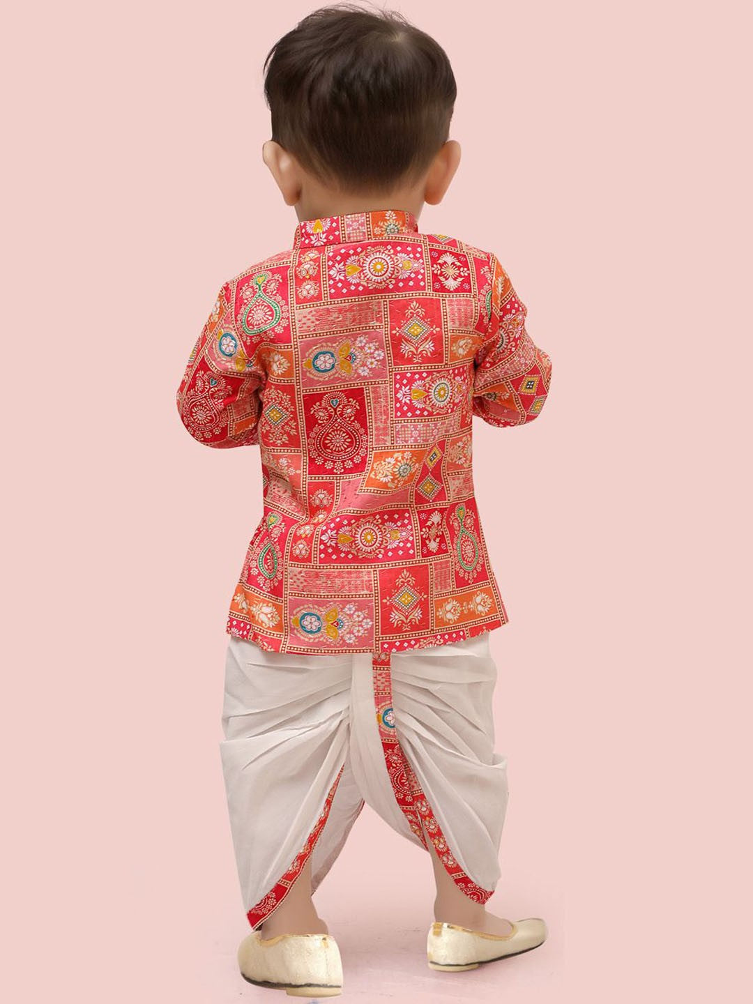 Pink Boys Kurta Set with Dhoti & Printed Kurta