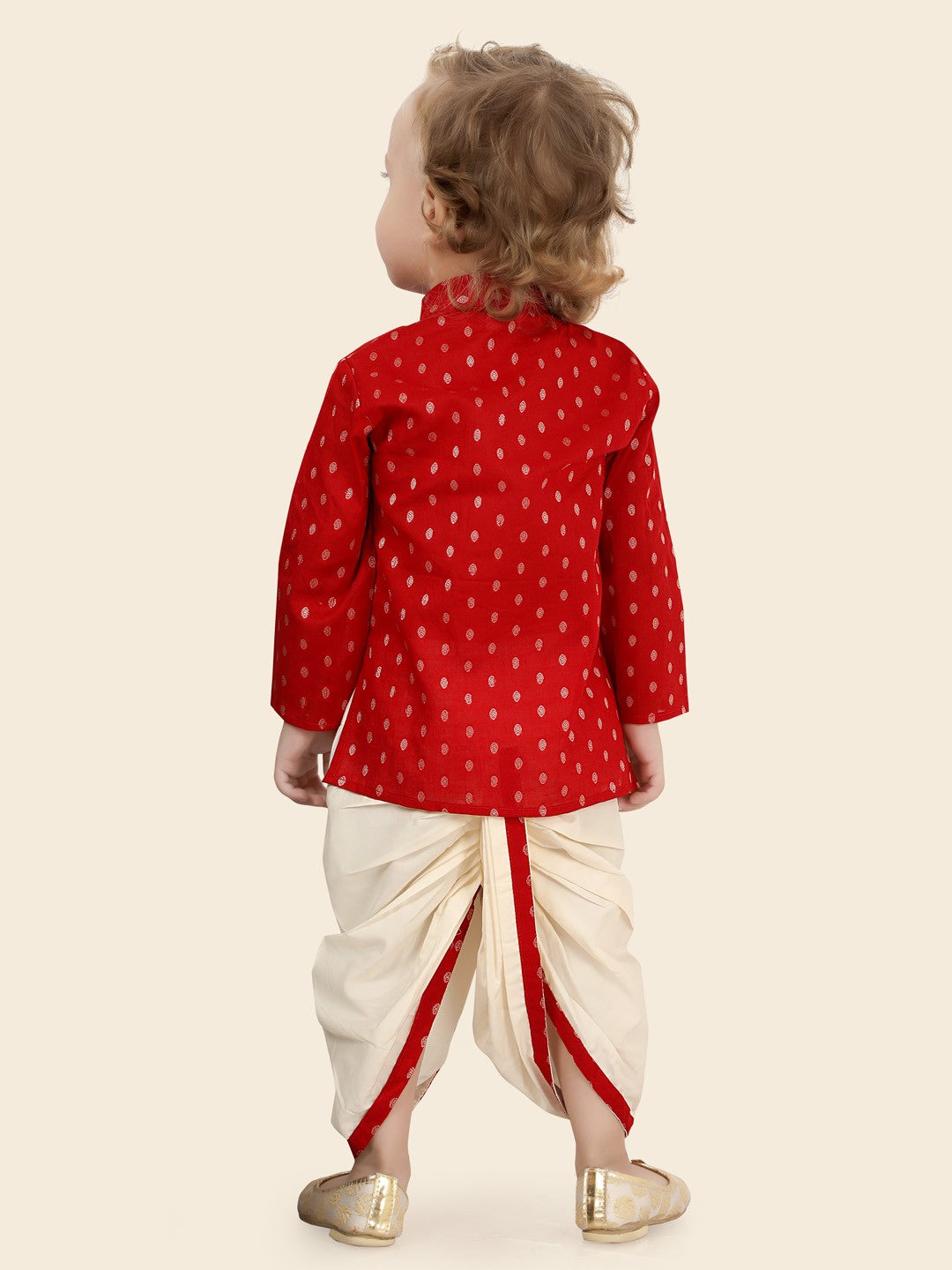 Red Boys Woven Designed Kurta Set with Dhoti