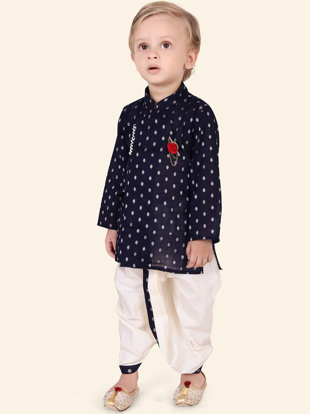 Navy Blue Boys Woven Design Kurta Set with Dhoti