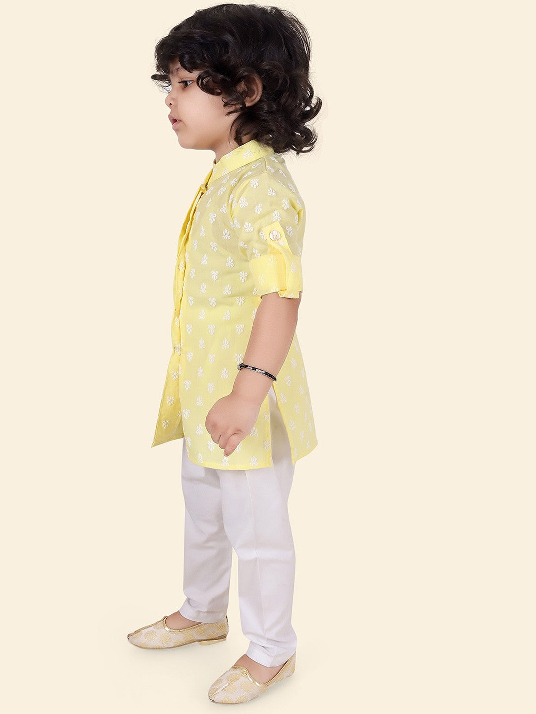Lemon Yellow Boys Ethnic Motifs Printed Kurta Set with Pyjama