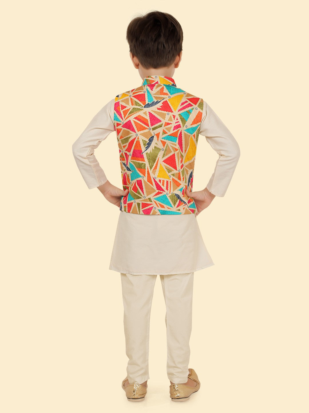 Cream Boys Kurta Set with Pyjama & Motifs Jackets