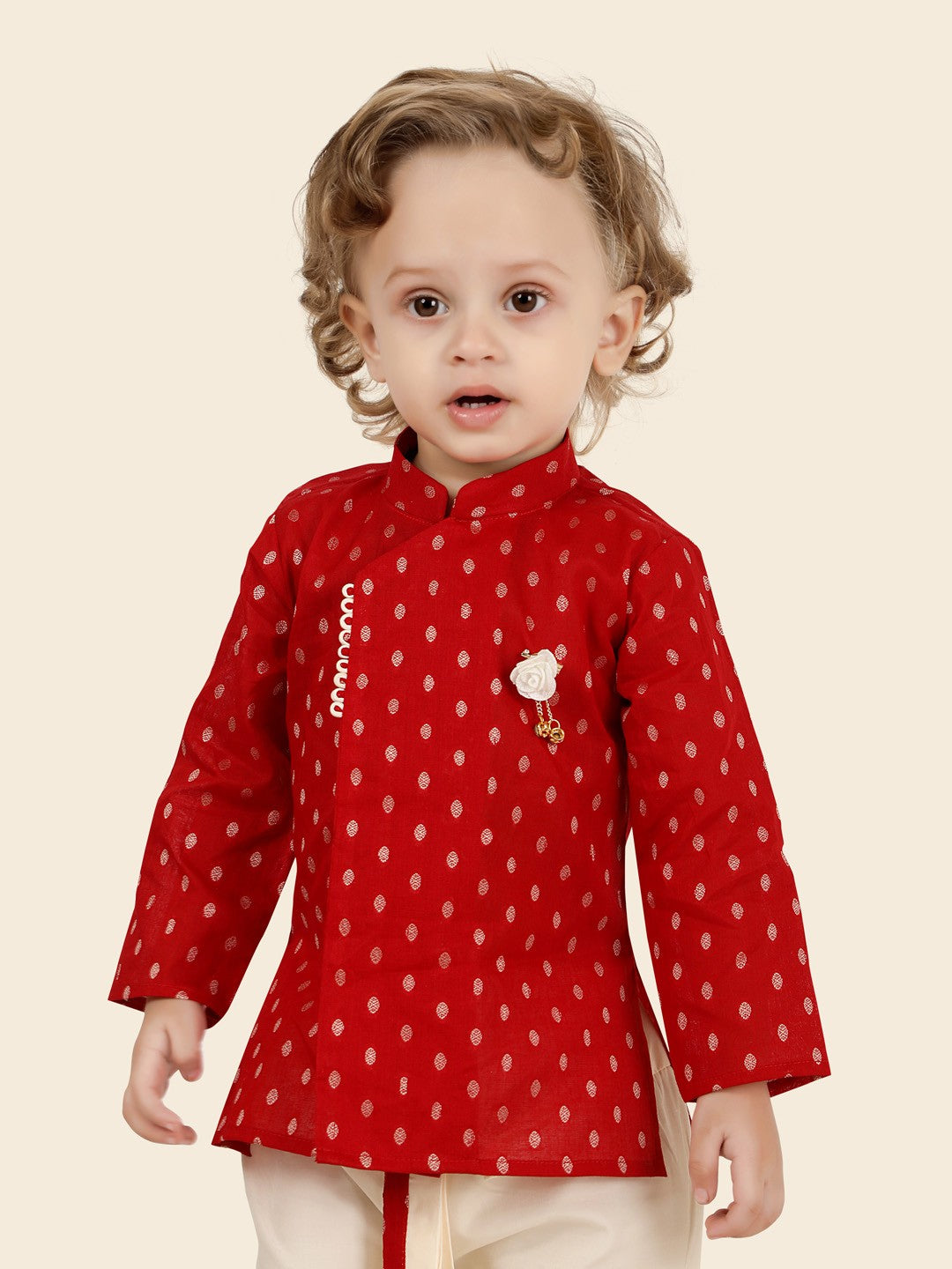 Red Boys Woven Designed Kurta Set with Dhoti