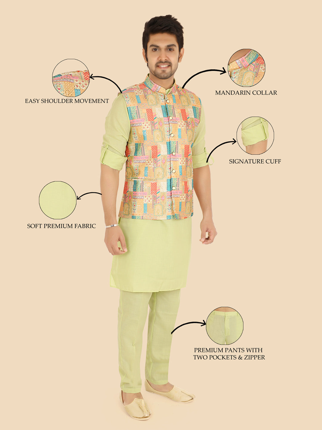 Man wearing a traditional outfit with highlighted features 