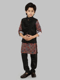 Black Motif  Printed Jacket Kurta Set with Long Sleeve Kurta & Pant style Pyjama for Boys