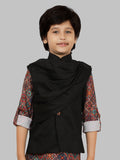 Black Motif  Printed Jacket Kurta Set with Long Sleeve Kurta & Pant style Pyjama for Boys