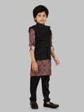 Black Motif  Printed Jacket Kurta Set with Long Sleeve Kurta & Pant style Pyjama for Boys