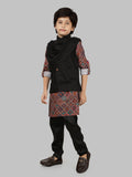 Black Motif  Printed Jacket Kurta Set with Long Sleeve Kurta & Pant style Pyjama for Boys