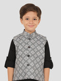 Black Motif Jacket Kurta Set with Long Sleeve Kurta & Pant style Pyjama for Boys