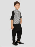 Black Motif Jacket Kurta Set with Long Sleeve Kurta & Pant style Pyjama for Boys