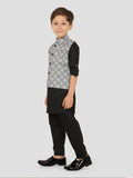 Black Motif Jacket Kurta Set with Long Sleeve Kurta & Pant style Pyjama for Boys