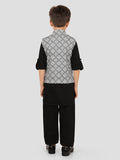 Black Motif Jacket Kurta Set with Long Sleeve Kurta & Pant style Pyjama for Boys