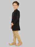 Black Heavy SequenceSherwani Set with Long Sleeve Kurta & Pant style Pyjama for Boys